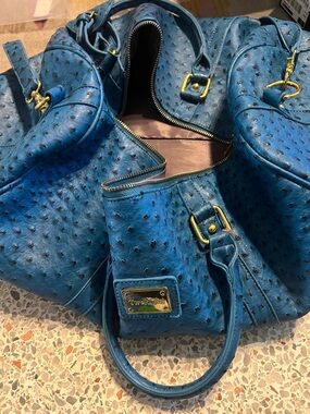 Blue Ostrich-Texture Leather Tote